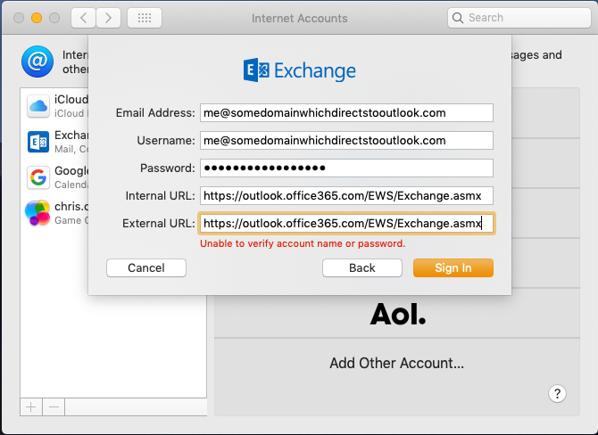 exchange account unable to connect with server outlook for mac